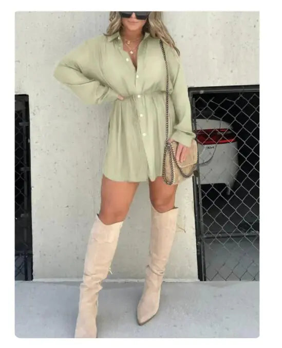 Women's Button-Up Long Sleeve Jumpsuit Shirt Dress