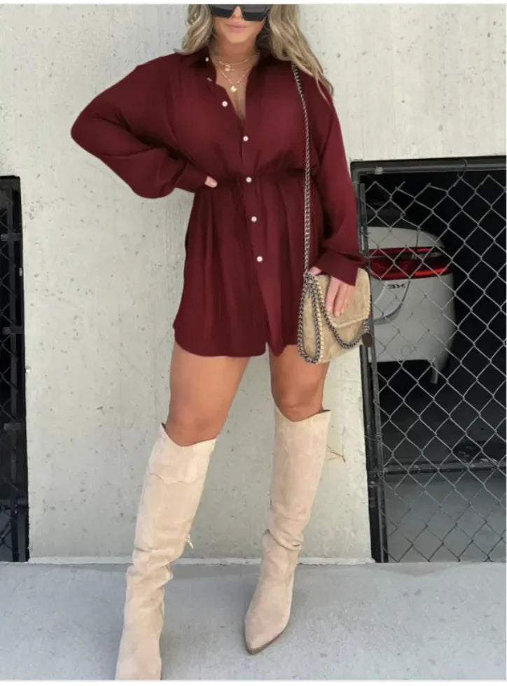 Women's Button-Up Long Sleeve Jumpsuit Shirt Dress